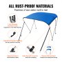 VEVOR 3 Bow Bimini Top Boat Cover, 900D Polyester Canopy with 1" Aluminum Alloy Frame, Waterproof and Sun Shade, Includes Storage Boot, 2 Support Poles, 4 Straps, 182.88'L x 116.84"H x 170.18"-182.88"