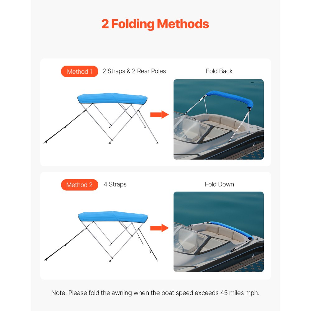 VEVOR 3 Bow Boat Bimini Tops, 600D Polyester Canopy with Aluminum Alloy Frame, Waterproof & Sun Shade Boat Awning Canopy with Storage Bag, 2 Support Poles, 4 Straps, 72"Lx(79"-84")Wx46"H, Pacific Blue