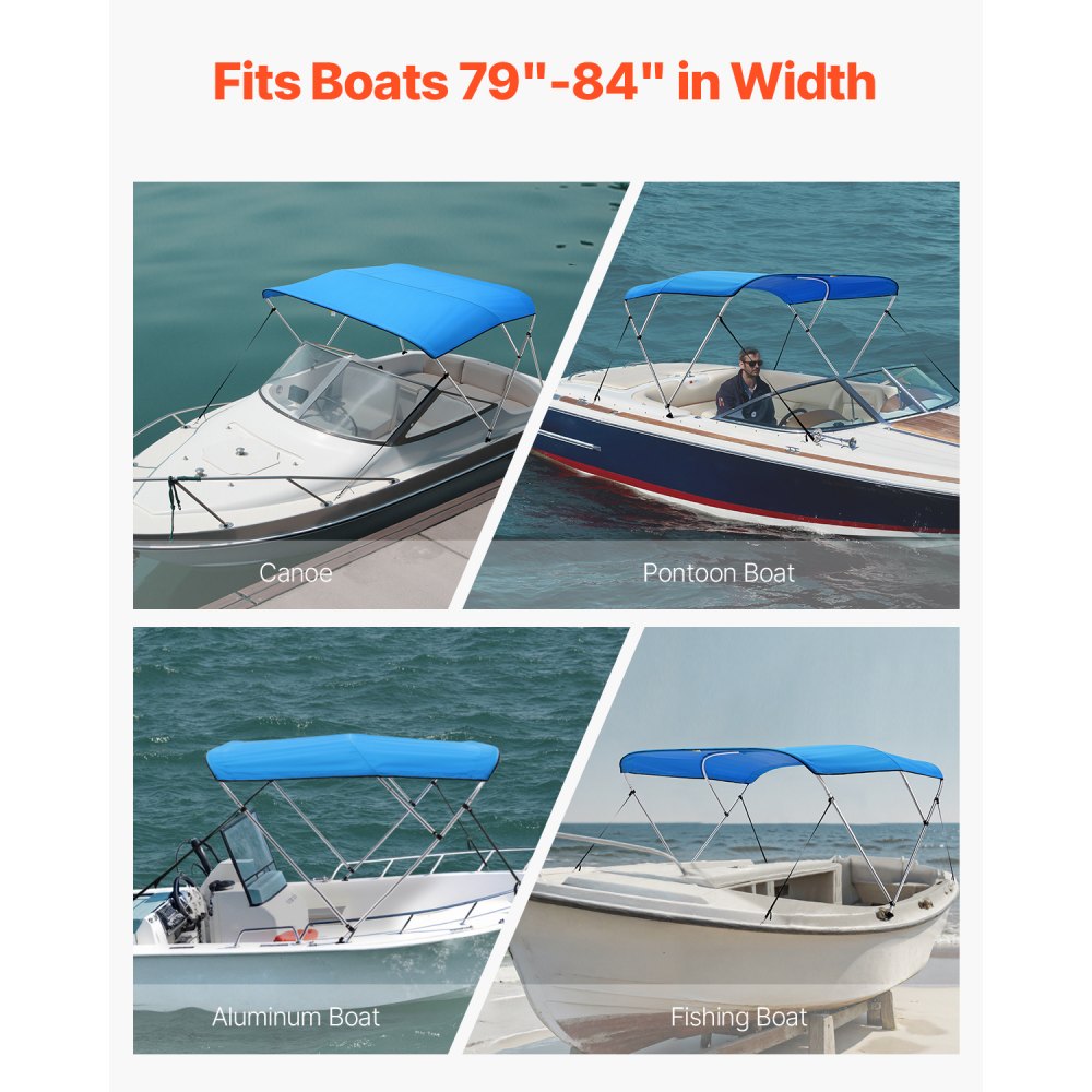 VEVOR 3 Bow Boat Bimini Tops, 600D Polyester Canopy with Aluminum Alloy Frame, Waterproof & Sun Shade Boat Awning Canopy with Storage Bag, 2 Support Poles, 4 Straps, 72"Lx(79"-84")Wx46"H, Pacific Blue