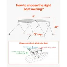 VEVOR 3 Bow Boat Bimini Tops 72"Lx(79"-84")W x 46"H Awning Canopy Light Grey