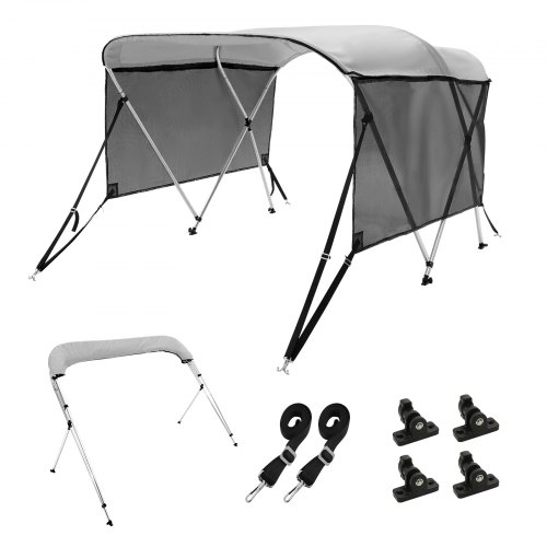 VEVOR 3 Bow Bimini Top Boat Cover, Detachable Mesh Sidewalls, 600D Polyester Canopy with 1" Aluminum Alloy Frame, Includes Storage Boot, 2 Support Poles, 2 Straps, 6'L x 46"H x 79"-84"W, Light Grey