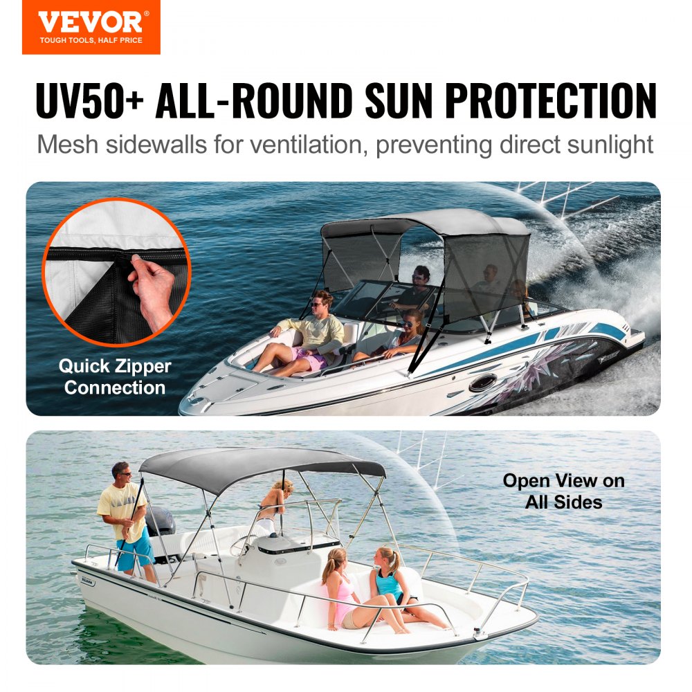 VEVOR 3 Bow Bimini Top Boat Cover, Detachable Mesh Sidewalls, 600D Polyester Canopy with 1-Second Aluminum Alloy Frame, Includes Storage Boot, 2