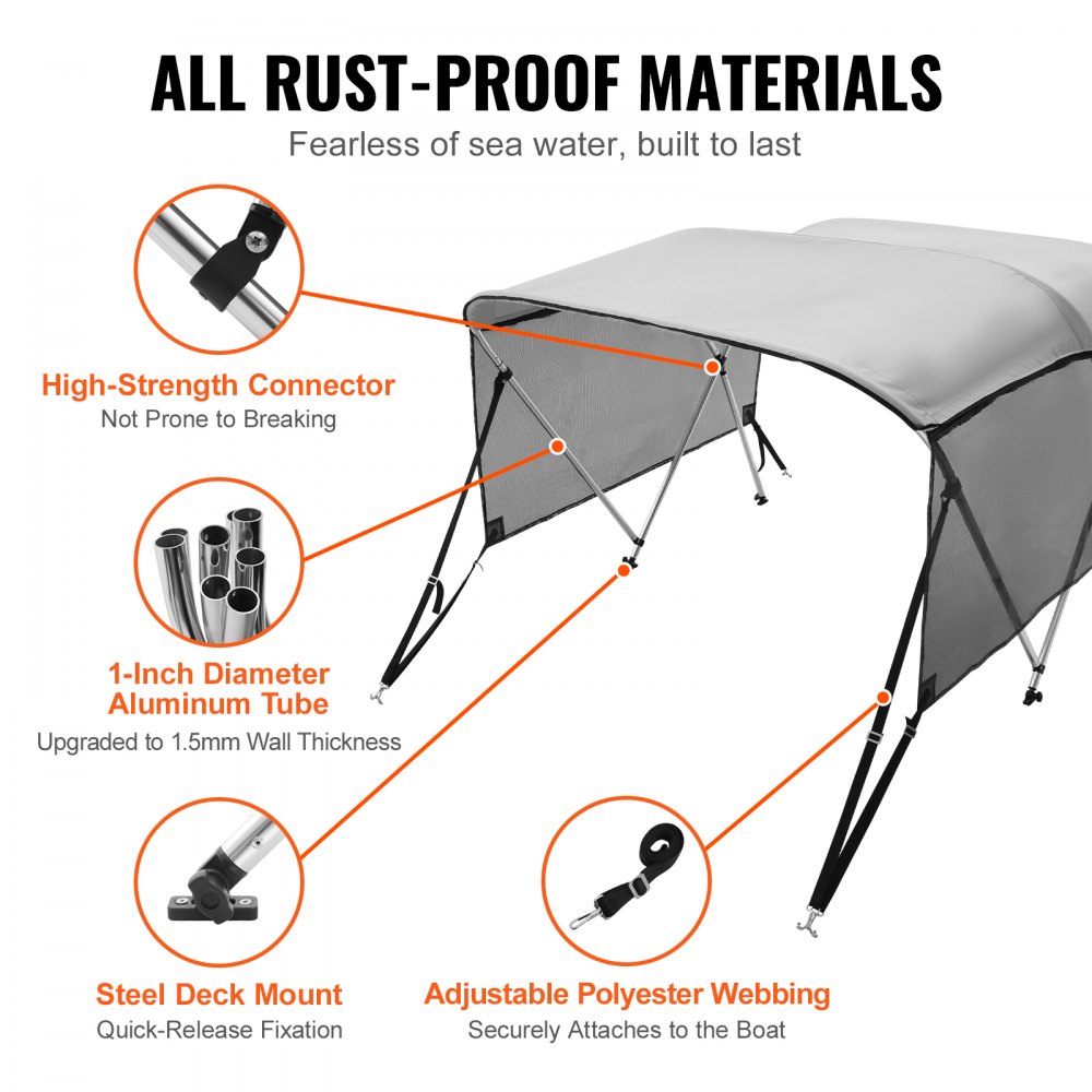 VEVOR 3 Bow Bimini Top Boat Cover, Detachable Mesh Sidewalls, 600D Polyester Canopy with 1" Aluminum Alloy Frame, Includes Storage Boot, 2 Support Poles, 2 Straps, 1.82m L x 1.17 m H x 2-2.13 m W
