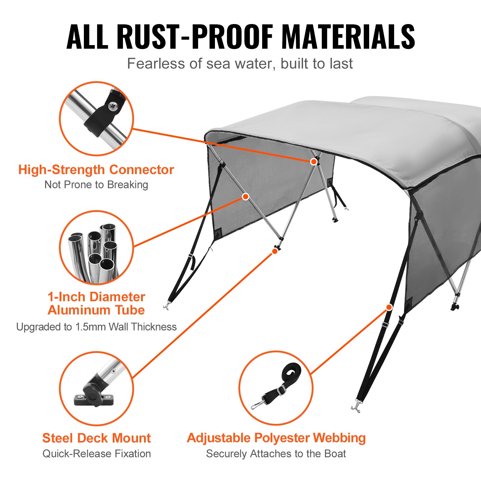 VEVOR 3 Bow Bimini Top Boat Cover, Detachable Mesh Sidewalls, 600D Polyester Canopy with 1" Aluminum Alloy Frame, Includes Storage Boot, 2 Support Poles, 2 Straps, 1.82m L x 1.17 m H x 2-2.13 m W