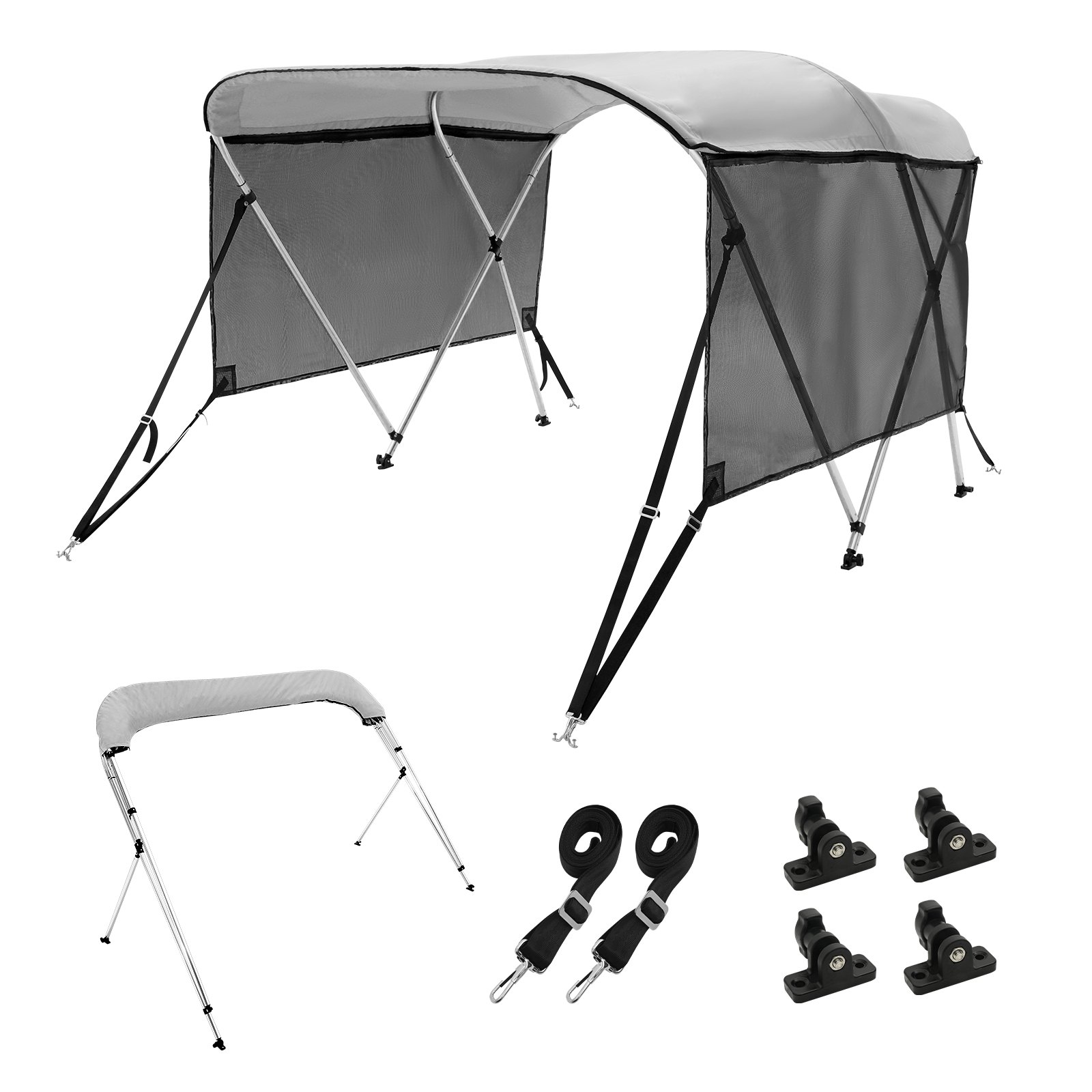 VEVOR 3 Bow Bimini Top Boat Cover, Detachable Mesh Sidewalls, 600D Polyester Canopy with 1" Aluminum Alloy Frame, Includes Storage Boot, 2 Support Poles, 2 Straps, 1.82m L x 1.17 m H x 2-2.13 m W
