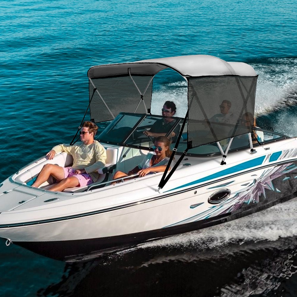 VEVOR 3 Bow Bimini Top Boat Cover, Detachable Mesh Sidewalls, 600D Polyester Canopy with 1" Aluminum Alloy Frame, Includes Storage Boot, 2 Support Poles, 2 Straps, 6'L x 46"H x 67"-72"W, Light Grey