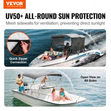 VEVOR 3 Bow Bimini Top Boat Cover, Detachable Mesh Sidewalls, 600D Polyester Canopy with 1" Aluminum Alloy Frame, Includes Storage Boot, 2 Support Poles, 2 Straps, 182.88'L x 116.84"H x 170.18"-182.8