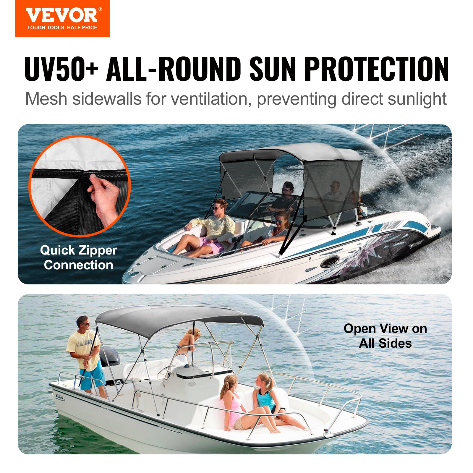 VEVOR 3 Bow Bimini Top Boat Cover, Detachable Mesh Sidewalls, 600D Polyester Canopy with 1" Aluminum Alloy Frame, Includes Storage Boot, 2 Support Poles, 2 Straps, 6'L x 46"H x 67"-72"W, Light Grey