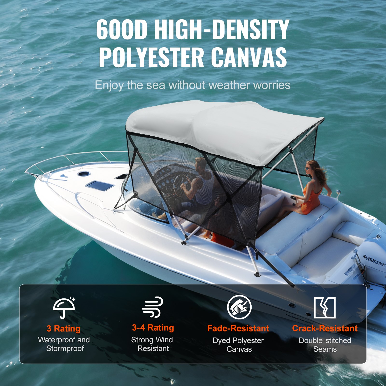 VEVOR 3 Bow Bimini Top Boat Cover, Detachable Mesh Sidewalls, 600D Polyester Canopy with 1" Aluminum Alloy Frame, Includes Storage Boot, 2 Support Poles, 2 Straps, 6'L x 46"H x 67"-72"W, Light Grey