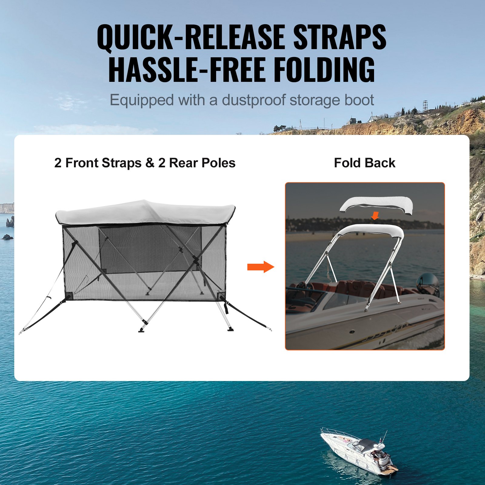 VEVOR 3 Bow Bimini Top Boat Cover, Detachable Mesh Sidewalls, 600D Polyester Canopy with 1" Aluminum Alloy Frame, Includes Storage Boot, 2 Support Poles, 2 Straps, 6'L x 46"H x 67"-72"W, Light Grey