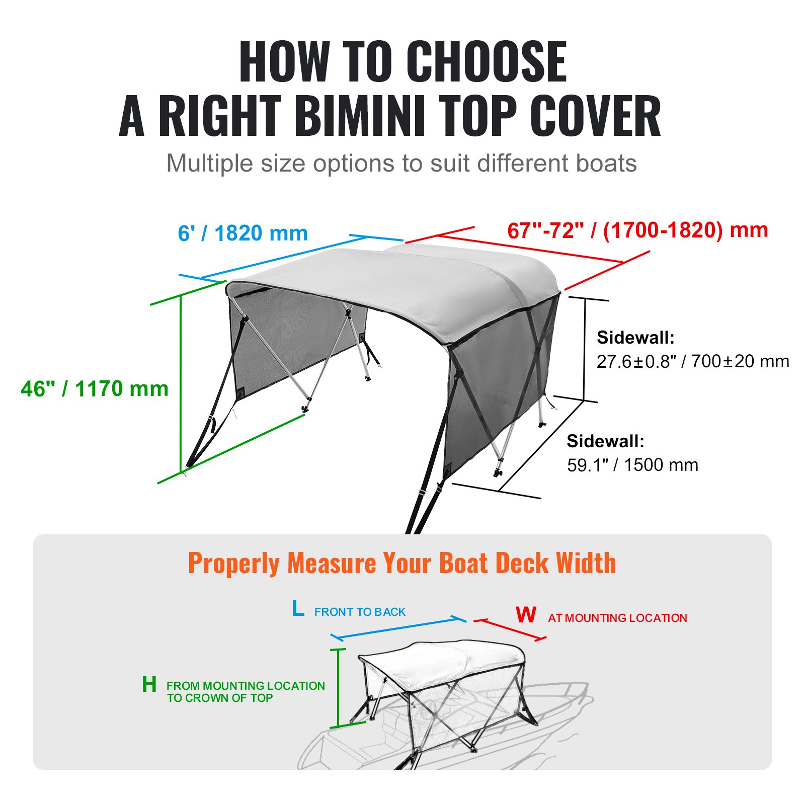 VEVOR 3 Bow Bimini Top Boat Cover, Detachable Mesh Sidewalls, 600D Polyester Canopy with 1" Aluminum Alloy Frame, Includes Storage Boot, 2 Support Poles, 2 Straps, 6'L x 46"H x 67"-72"W, Light Grey