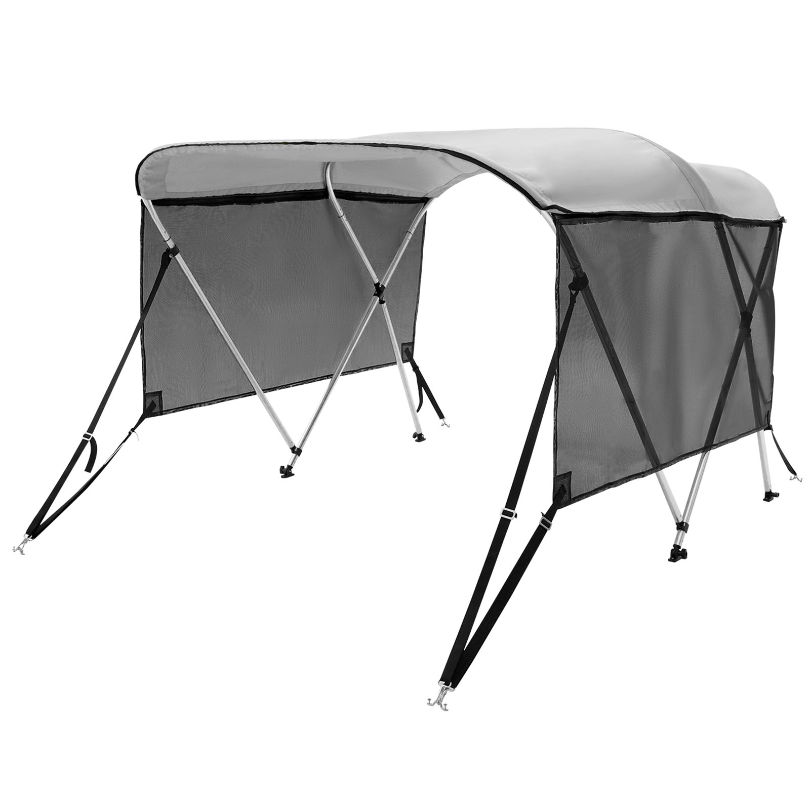 VEVOR 3 Bow Bimini Top Boat Cover, Detachable Mesh Sidewalls, 600D Polyester Canopy with 1" Aluminum Alloy Frame, Includes Storage Boot, 2 Support Poles, 2 Straps, 6'L x 46"H x 67"-72"W, Light Grey