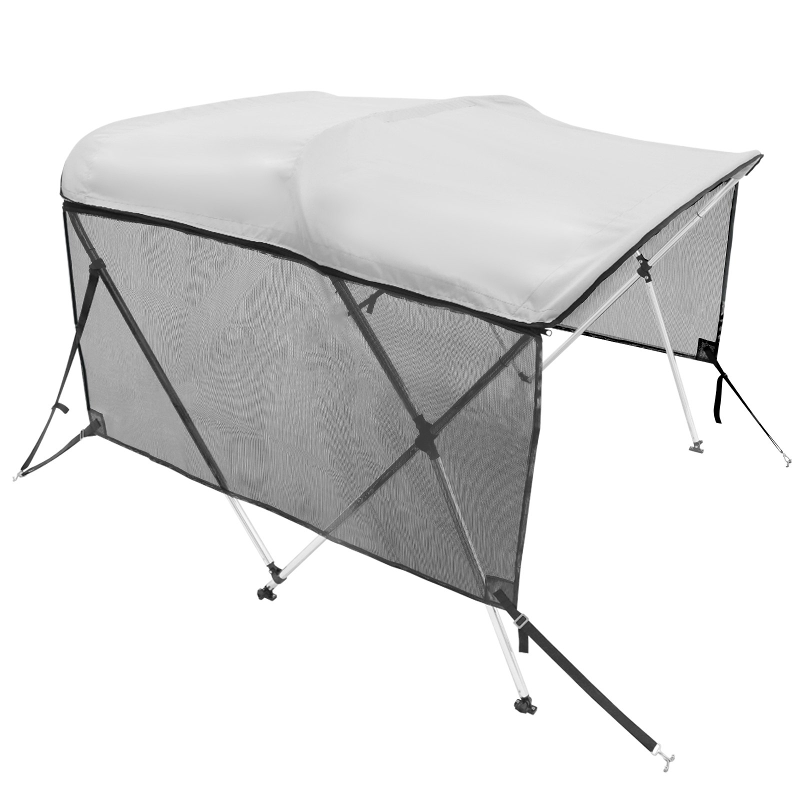 VEVOR 3 Bow Bimini Top Boat Cover, Detachable Mesh Sidewalls, 600D Polyester Canopy with 1" Aluminum Alloy Frame, Includes Storage Boot, 2 Support Poles, 2 Straps, 6'L x 46"H x 67"-72"W, Light Grey