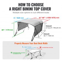 VEVOR 3 Bow Bimini Top Boat Cover Detachable Mesh Sides 600D with Frame 61"-66"W