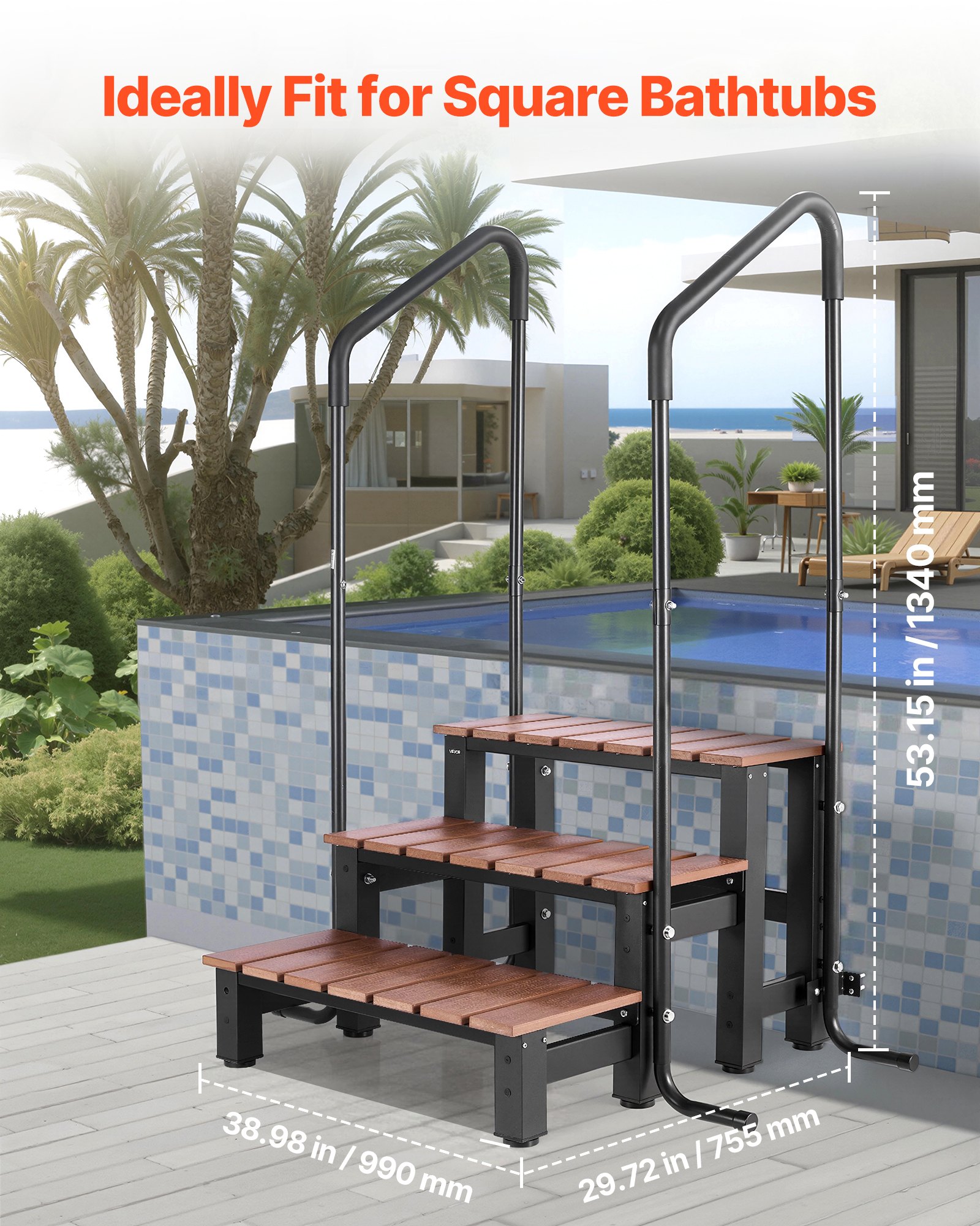 VEVOR Hot Tub Step with Handrail, 3-Step Spa Outdoor Stairs, Heavy Duty 640.1 mm Wide Above-Ground/Inflatable Pool Ladder with 249.5 kg Weight Capacity, Multi-Use for Porch, Patio, Deck, Trailers