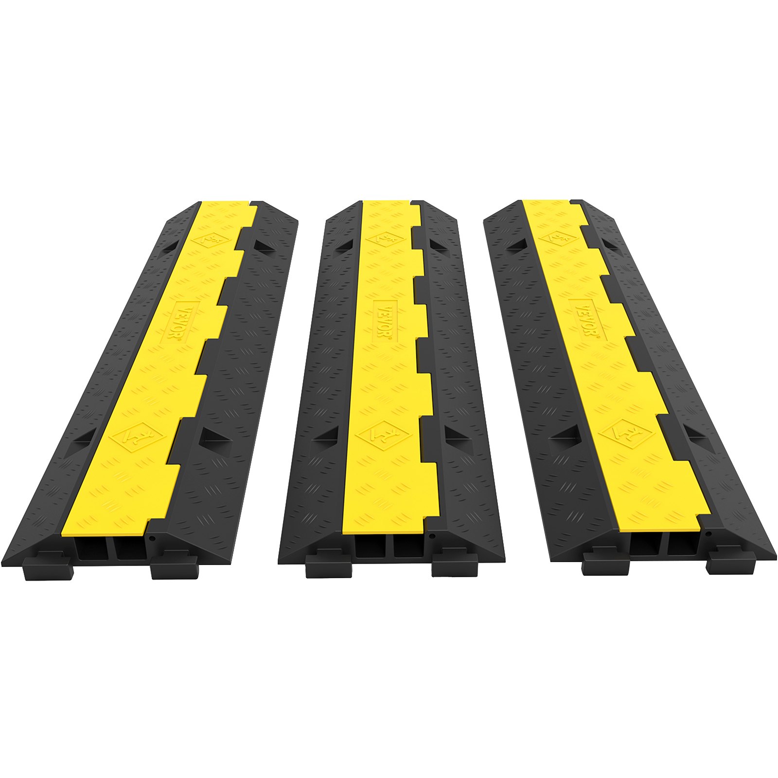 three VEVOR cable protectors with a yellow strip on black rubber ramps.