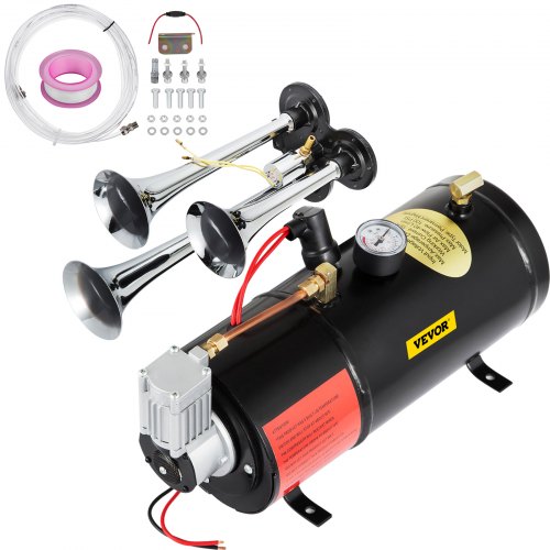 New 3 Trumpet Chrome Train Air Horn Kit With 150PSI Air System 3Liter 12V Air Compressor 150dB+