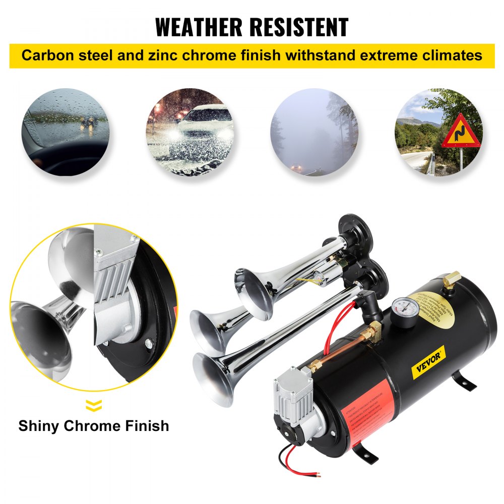 New 3 Trumpet Chrome Train Air Horn Kit With 150PSI Air System 3Liter 12V Air Compressor 150dB+