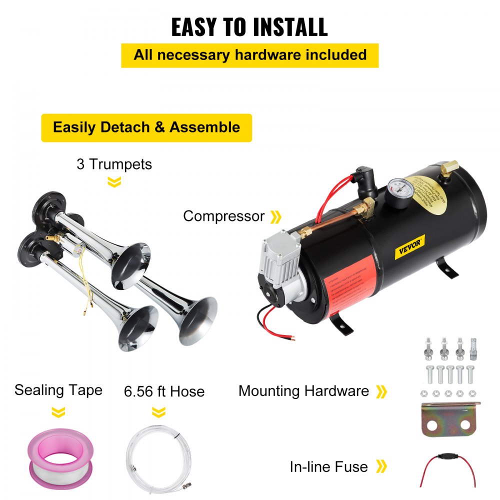 New 3 Trumpet Chrome Train Air Horn Kit With 150PSI Air System 3Liter 12V Air Compressor 150dB+
