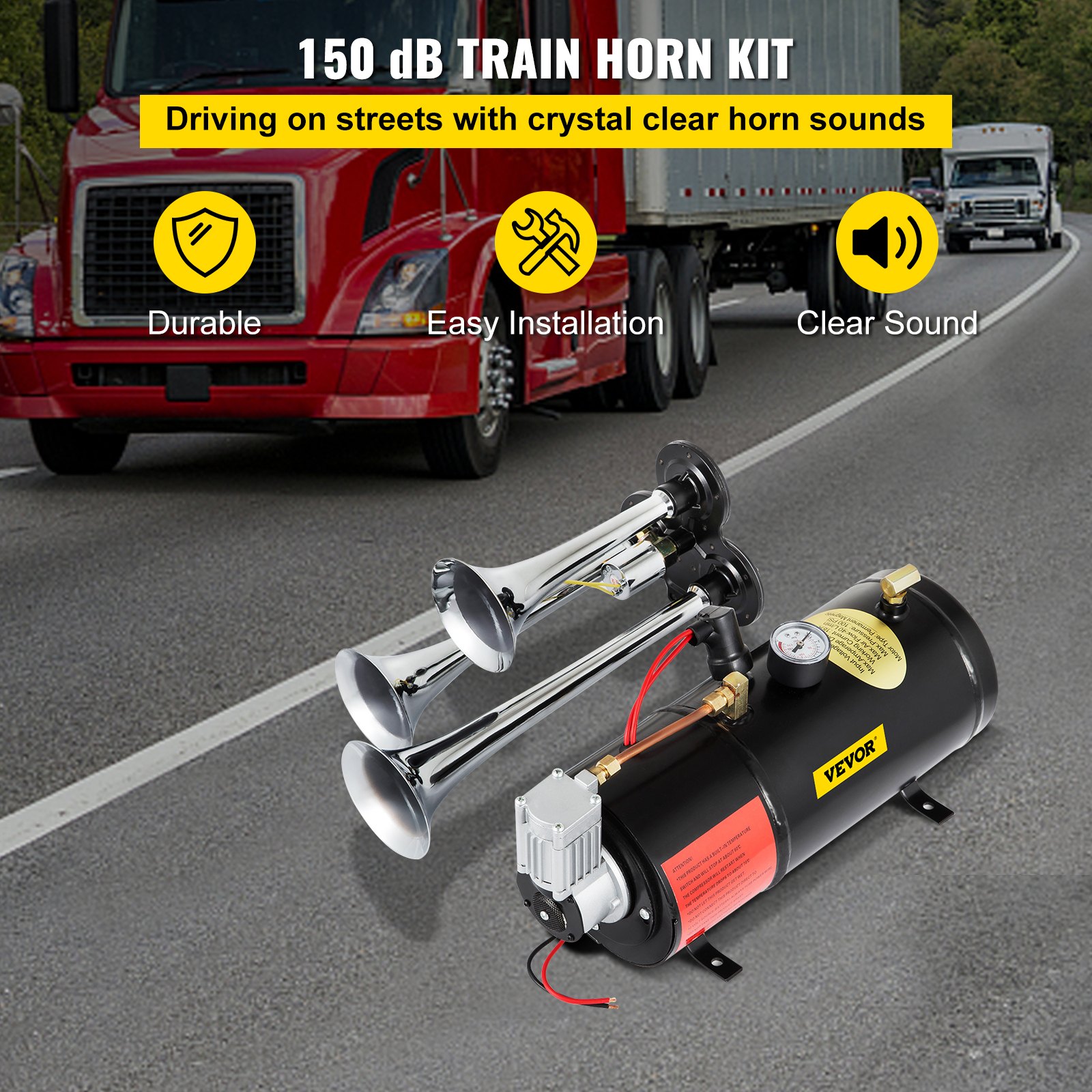New 3 Trumpet Chrome Train Air Horn Kit With 150PSI Air System 3Liter 12V Air Compressor 150dB+