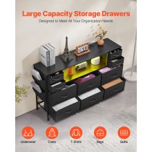 10 Fabric Drawer Dresser with Open Storage Shelf LED Lights & Outlet Black