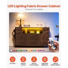 10 Fabric Drawer Dresser with Open Storage Shelf LED Lights & Outlet Black