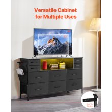 10 Fabric Drawer Dresser with Open Storage Shelf LED Lights & Outlet Black