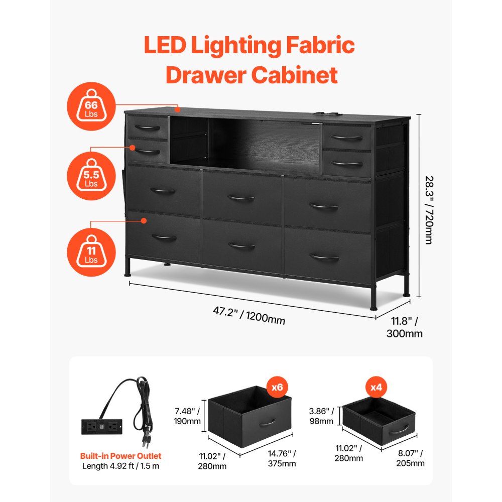 VEVOR 10 Drawer Dresser, Fabric Drawer Dresser with Fabric Bins, Closet Storage Drawers with Open Storage Shelf, LED Lights & Built-in Outlet, Fabric Storage Tower for Bedroom, Hallway, Closet, Black