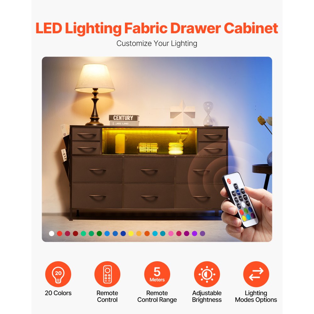 VEVOR 10 Drawer Dresser, Fabric Drawer Dresser with Fabric Bins, Closet Storage Drawers with Open Storage Shelf, LED Lights & Built-in Outlet, Fabric Storage Tower for Bedroom, Hallway, Closet, Black