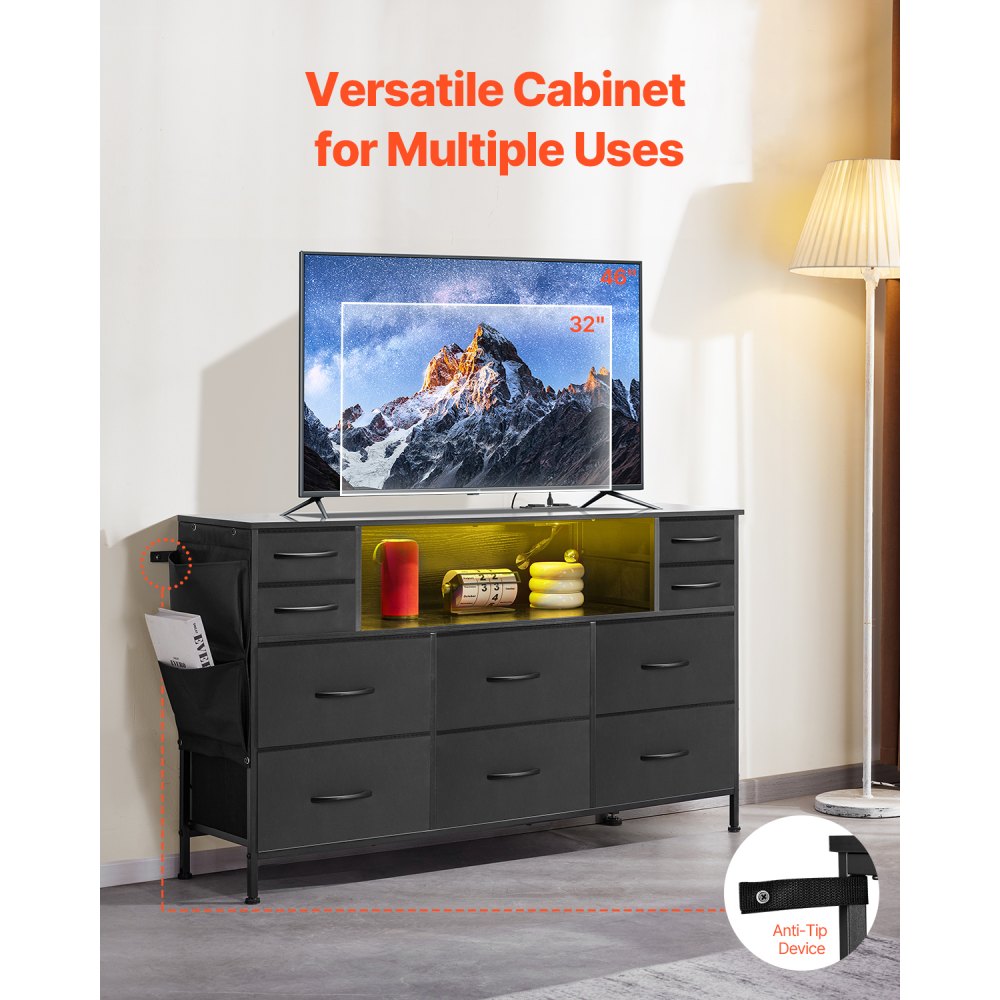 VEVOR 10 Drawer Dresser, Fabric Drawer Dresser with Fabric Bins, Closet Storage Drawers with Open Storage Shelf, LED Lights & Built-in Outlet, Fabric Storage Tower for Bedroom, Hallway, Closet, Black