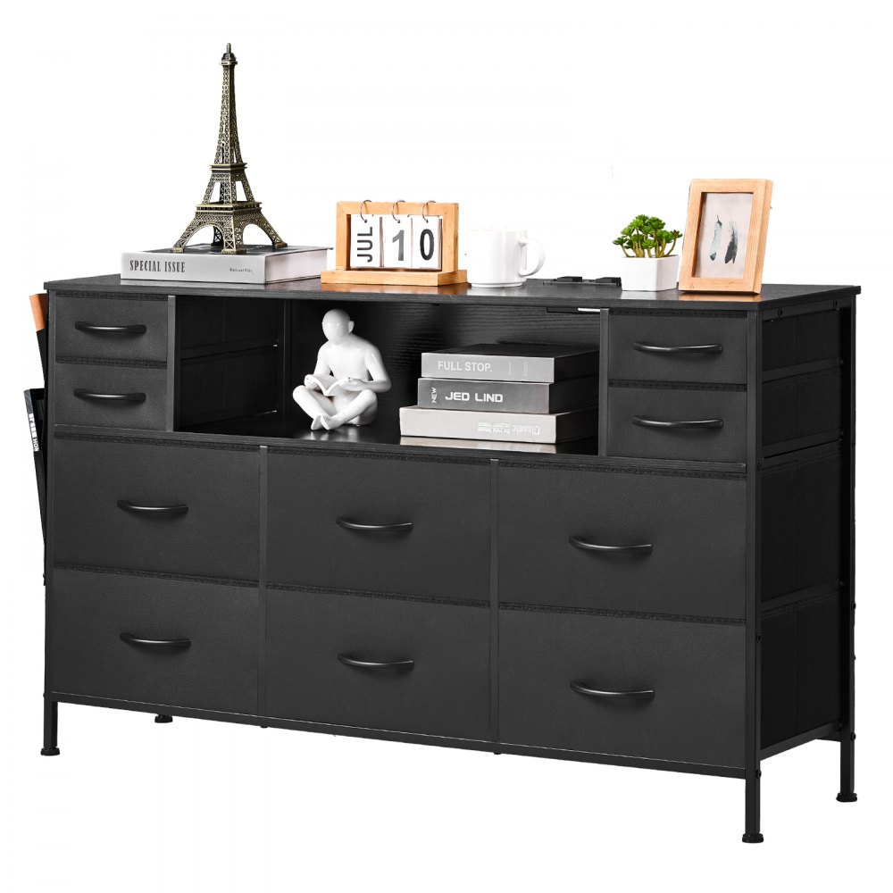 VEVOR 10 Drawer Dresser, Fabric Drawer Dresser with Fabric Bins, Closet Storage Drawers with Open Storage Shelf, LED Lights & Built-in Outlet, Fabric Storage Tower for Bedroom, Hallway, Closet, Black