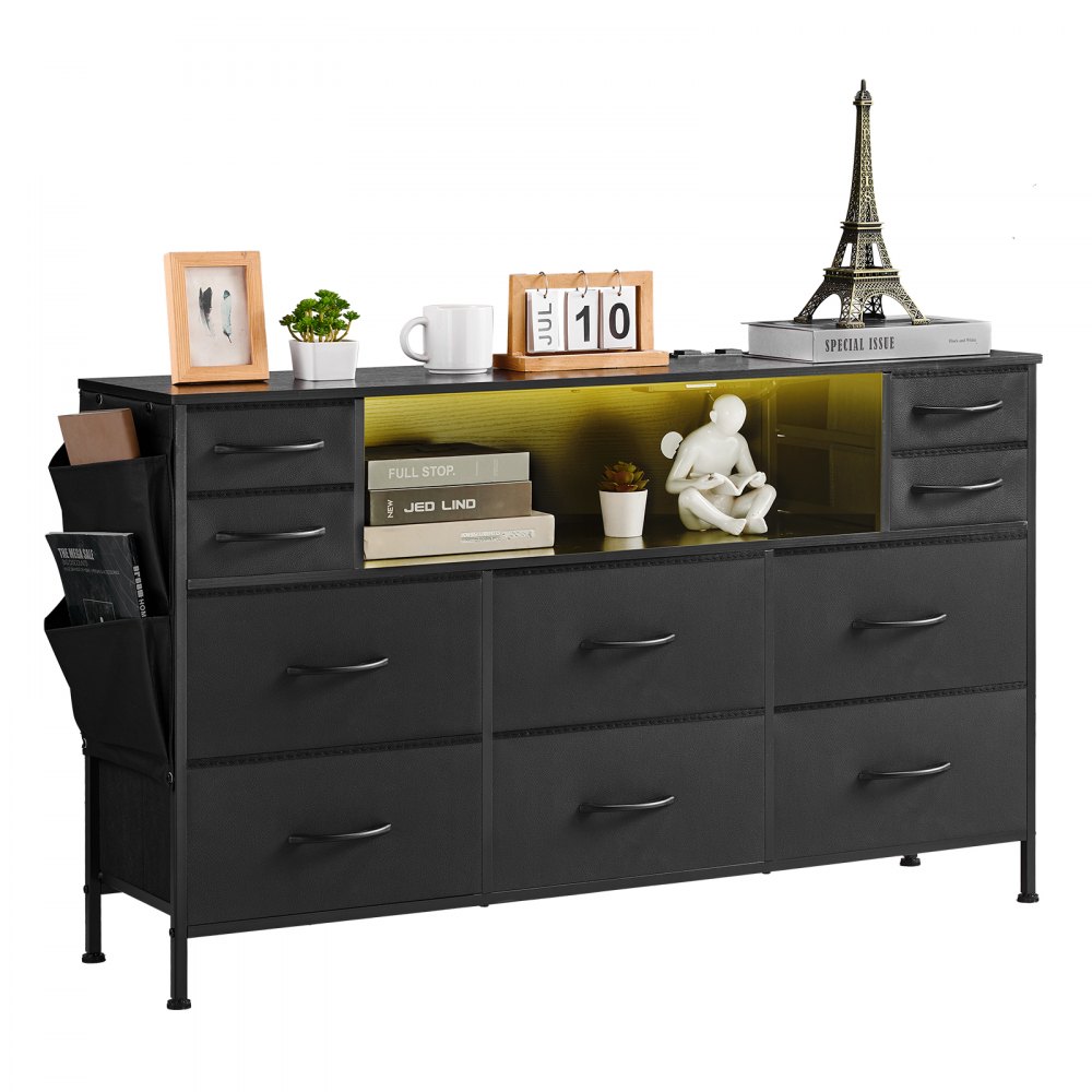 VEVOR 10 Drawer Dresser, Fabric Drawer Dresser with Fabric Bins, Closet Storage Drawers with Open Storage Shelf, LED Lights & Built-in Outlet, Fabric Storage Tower for Bedroom, Hallway, Closet, Black