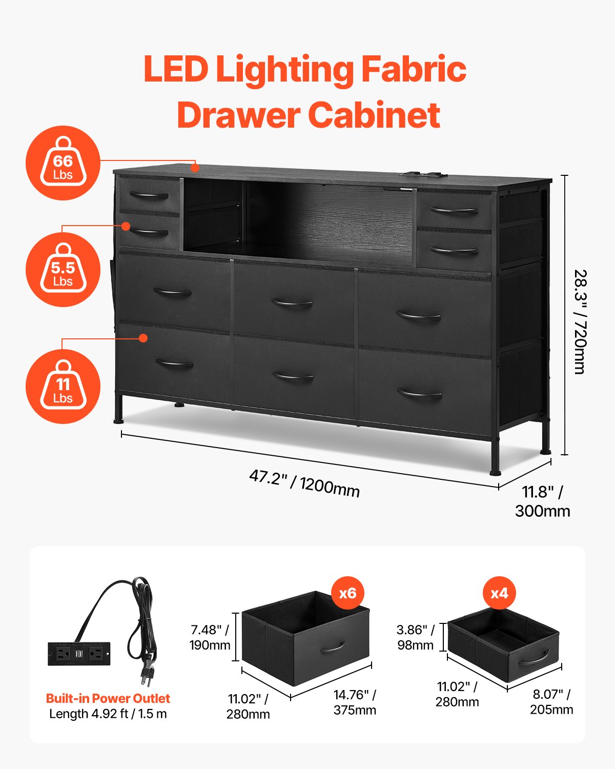 VEVOR 10 Drawer Dresser, Fabric Drawer Dresser with Fabric Bins, Closet Storage Drawers with Open Storage Shelf, LED Lights & Built-in Outlet, Fabric Storage Tower for Bedroom, Hallway, Closet, Black