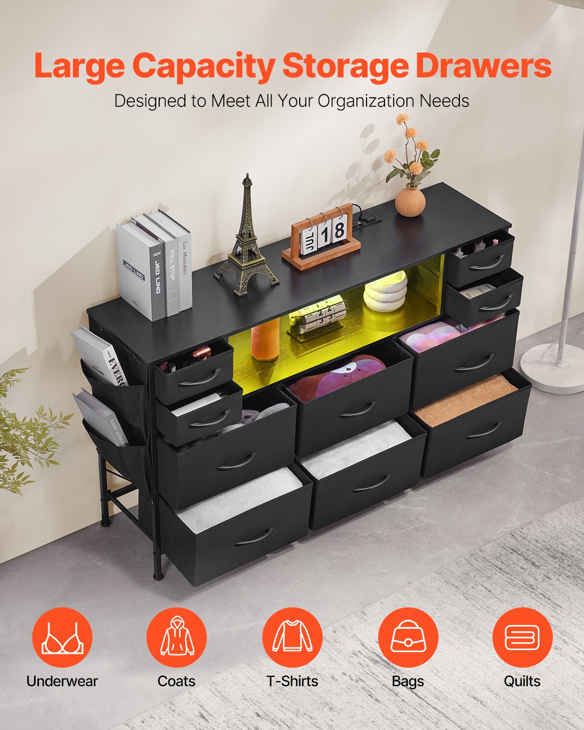 VEVOR 10 Drawer Dresser, Fabric Drawer Dresser with Fabric Bins, Closet Storage Drawers with Open Storage Shelf, LED Lights & Built-in Outlet, Fabric Storage Tower for Bedroom, Hallway, Closet, Black