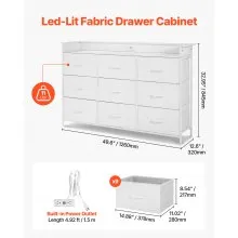 VEVOR 9 Drawer Dresser, Tall Drawer Dresser with Fabric Bin, Closet Storage Drawers with Sturdy Metal Frame, LED Lights & Built-in Outlet, Fabric Storage Tower for Bedroom, Hallway, Closet, White
