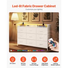 9 Drawer Dresser Tall Fabric Drawer Dresser with Bin LED & Outlet White