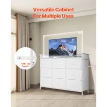 VEVOR 9 Drawer Dresser, Tall Drawer Dresser with Fabric Bin, Closet Storage Drawers with Sturdy Metal Frame, LED Lights & Built-in Outlet, Fabric Storage Tower for Bedroom, Hallway, Closet, White