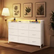 VEVOR 9 Drawer Dresser, Tall Drawer Dresser with Fabric Bin, Closet Storage Drawers with Sturdy Metal Frame, LED Lights & Built-in Outlet, Fabric Storage Tower for Bedroom, Hallway, Closet, White