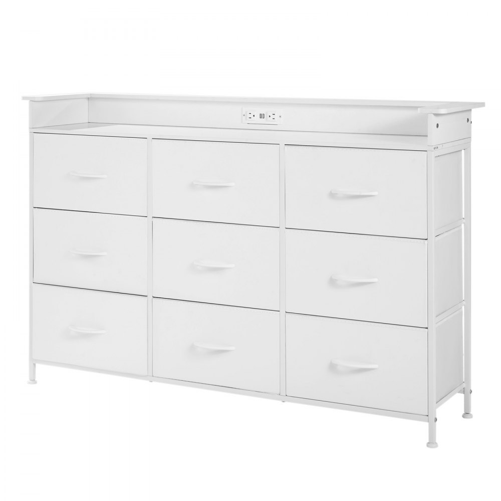 VEVOR 9 Drawer Dresser, Tall Drawer Dresser with Fabric Bin, Closet Storage Drawers with Sturdy Metal Frame, LED Lights & Built-in Outlet, Fabric Storage Tower for Bedroom, Hallway, Closet, White