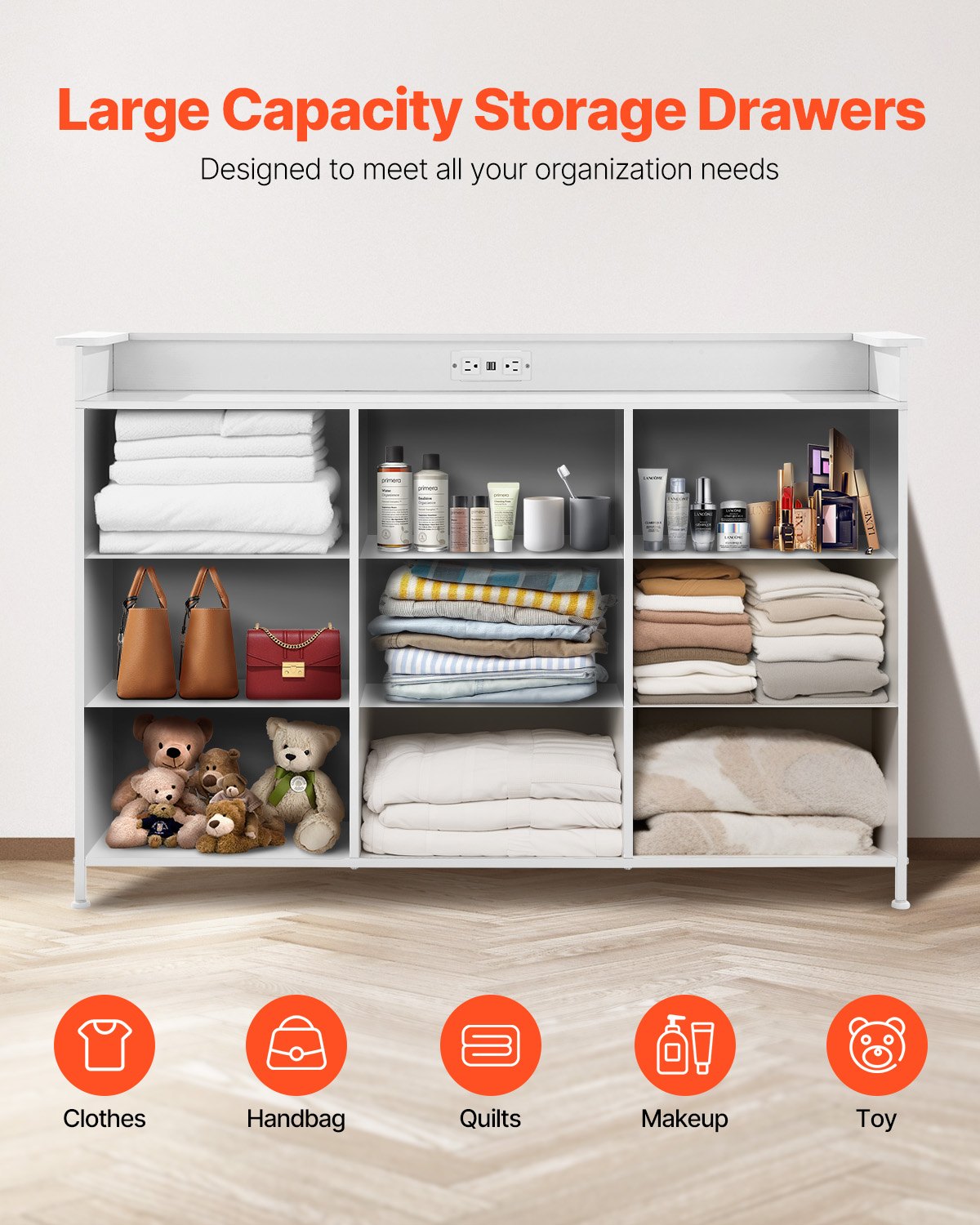 VEVOR 9 Drawer Dresser, Tall Drawer Dresser with Fabric Bin, Closet Storage Drawers with Sturdy Metal Frame, LED Lights & Built-in Outlet, Fabric Storage Tower for Bedroom, Hallway, Closet, White