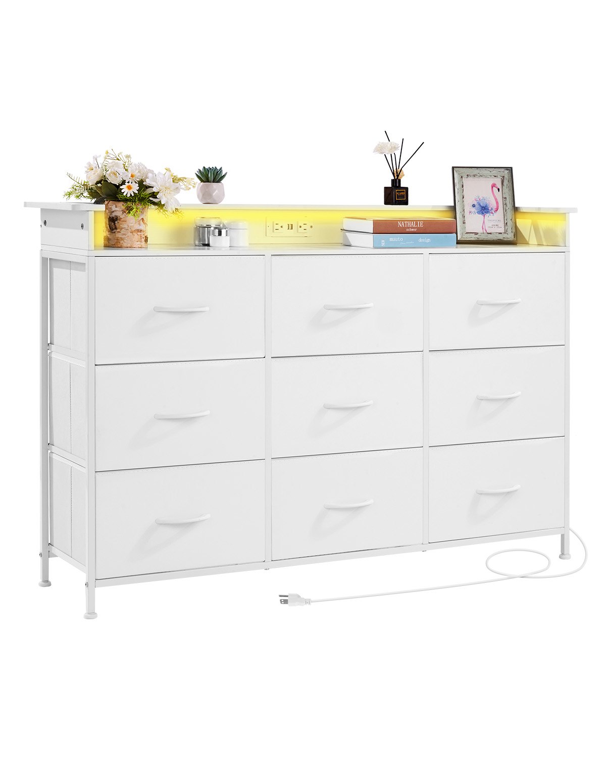 VEVOR 9 Drawer Dresser, Tall Drawer Dresser with Fabric Bin, Closet Storage Drawers with Sturdy Metal Frame, LED Lights & Built-in Outlet, Fabric Storage Tower for Bedroom, Hallway, Closet, White
