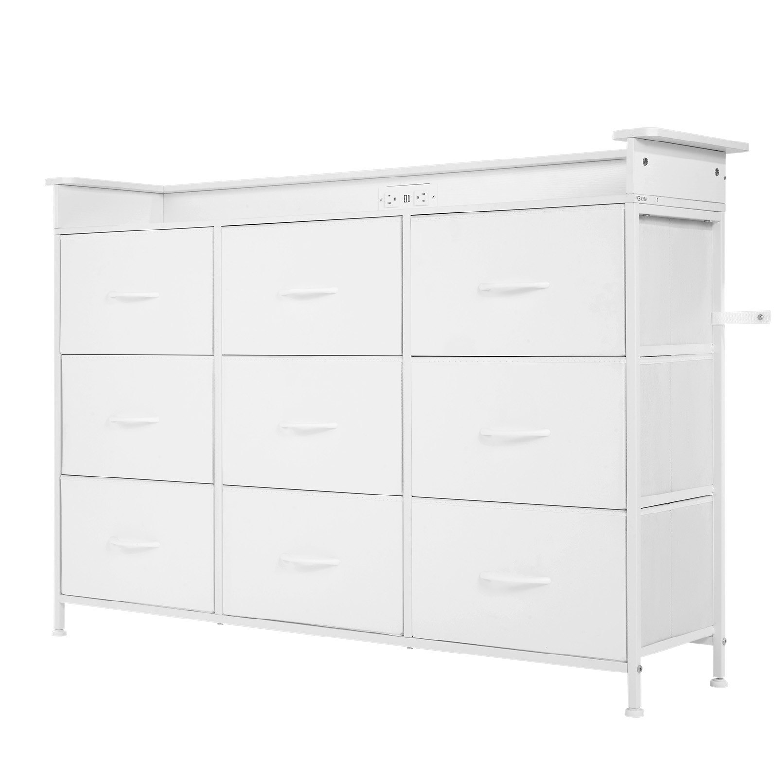 VEVOR 9 Drawer Dresser, Tall Drawer Dresser with Fabric Bin, Closet Storage Drawers with Sturdy Metal Frame, LED Lights & Built-in Outlet, Fabric Storage Tower for Bedroom, Hallway, Closet, White
