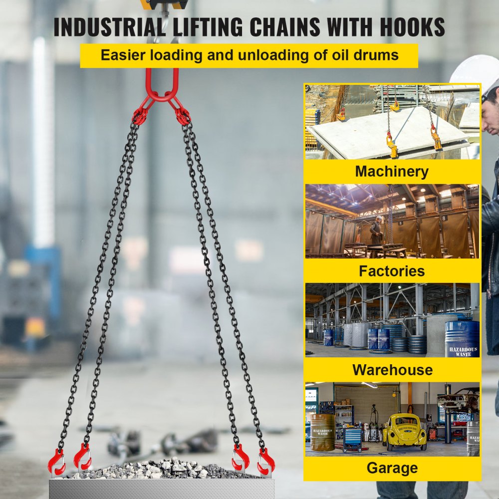 VEVOR 304.8 cm Lifting Chain Sling, 7.9 mm Hanging Lift Chain, 4989.5 kg Capacity G80 Alloy Steel Engine Chain Hoist Lifts Heavy Duty 5 Ton with 4 Leg Grab Hooks and Adjuster
