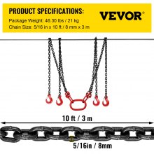 VEVOR 10ft Lifting Chain Sling, 5/16 inch Hanging Lift Chain, 11000lbs Capacity G80 Alloy Steel Engine Chain Hoist Lifts Heavyy Duty 5 Ton with 4 Leg Grab Hooks and Adjuster