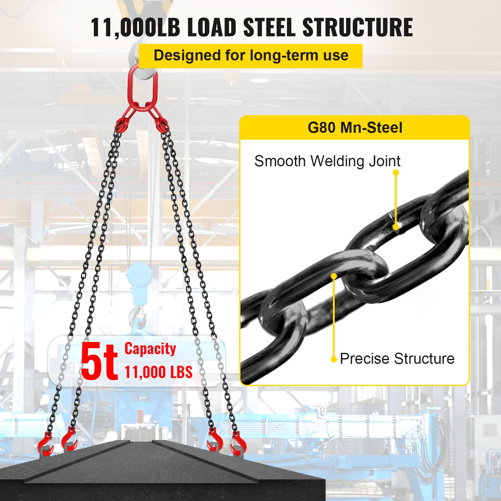 VEVOR 304.8 cm Lifting Chain Sling, 7.9 mm Hanging Lift Chain, 4989.5 kg Capacity G80 Alloy Steel Engine Chain Hoist Lifts Heavy Duty 5 Ton with 4 Leg Grab Hooks and Adjuster