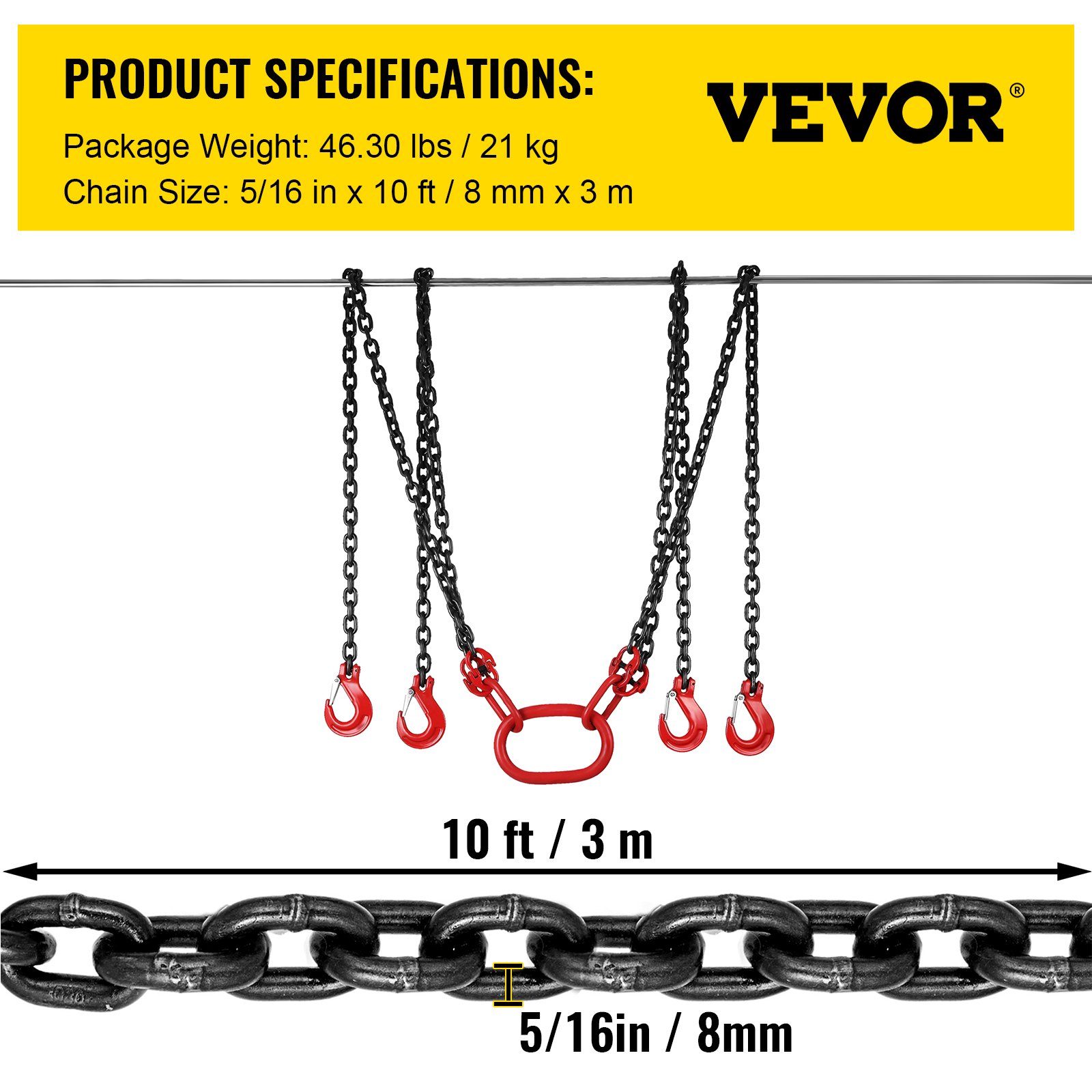 VEVOR 304.8 cm Lifting Chain Sling, 7.9 mm Hanging Lift Chain, 4989.5 kg Capacity G80 Alloy Steel Engine Chain Hoist Lifts Heavy Duty 5 Ton with 4 Leg Grab Hooks and Adjuster