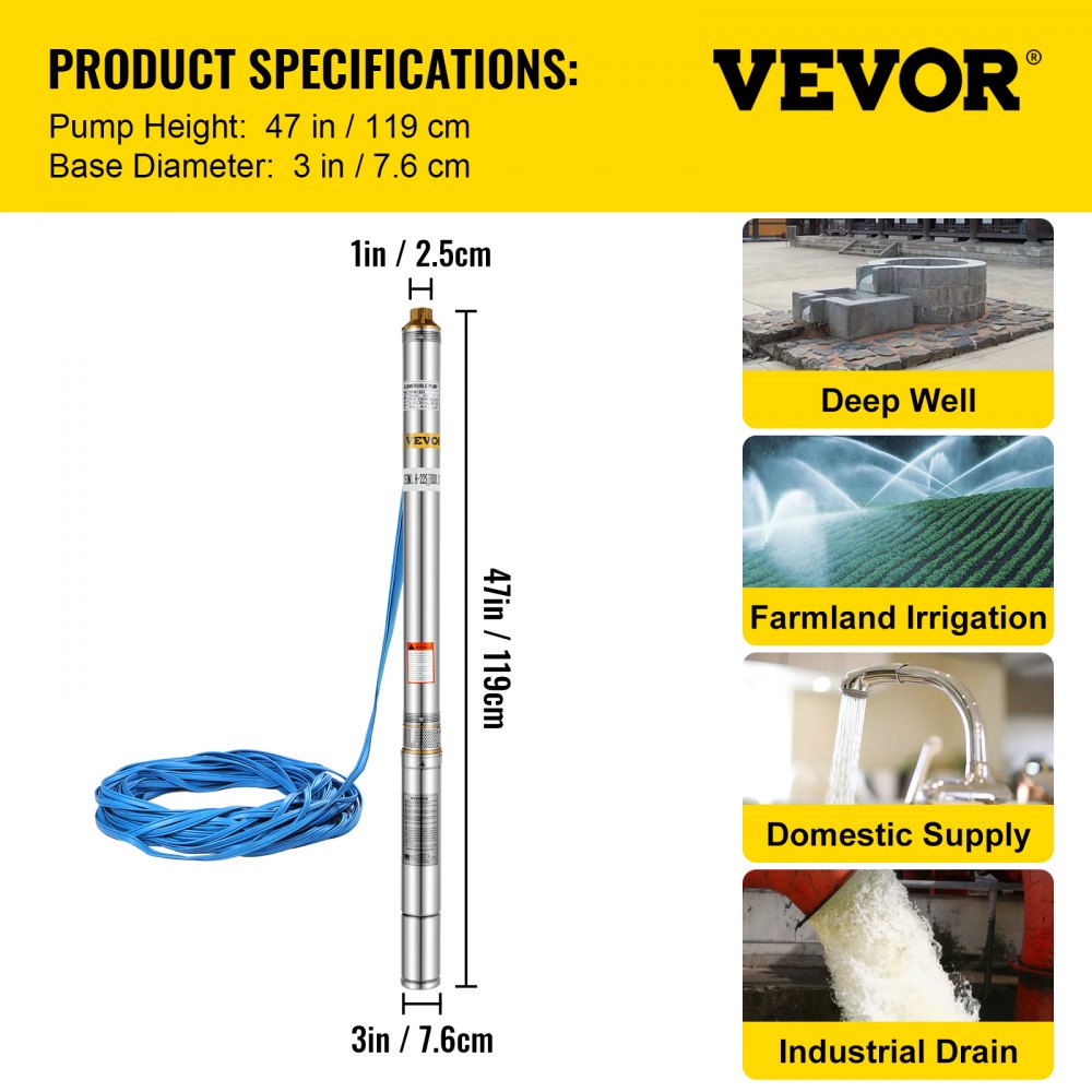 3'' 550w Submersible Deep Well Pump 20m Cable With Control Box 22 Impellers