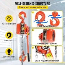 VEVOR Manual Lever Block Chain Hoist 6600 lbs, Chain Come Along 10 feet, Chain Hoist 3 Ton, Ratchet Chain Hoist 5/16" Diameter for Warehouse Garages Construction