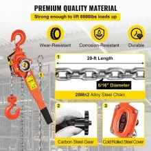 VEVOR 3T Chian Hoist Manual Lever Chain Hoist 6M 6600lbs 20ft Ratcheting Lever Block Chain Hoist Come Along Puller Pulley for Warehouse Garages