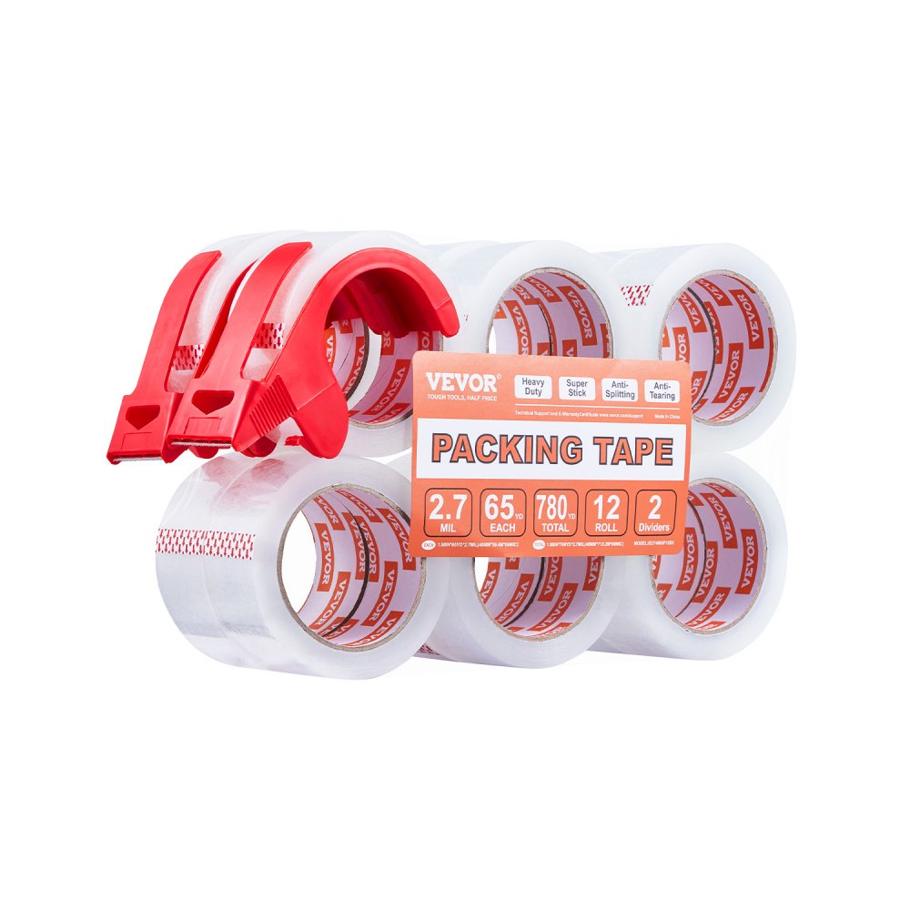 VEVOR Packing Tape 12 Rolls 65 Yards Clear Shipping Tape with Dispenser 2.7 Mil